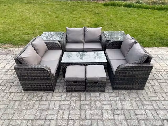 Fimous 8 Piece Grey Wicker Rattan Garden Furniture Set with Rectangular Coffee Table, Love Seat and 2 Footstools
