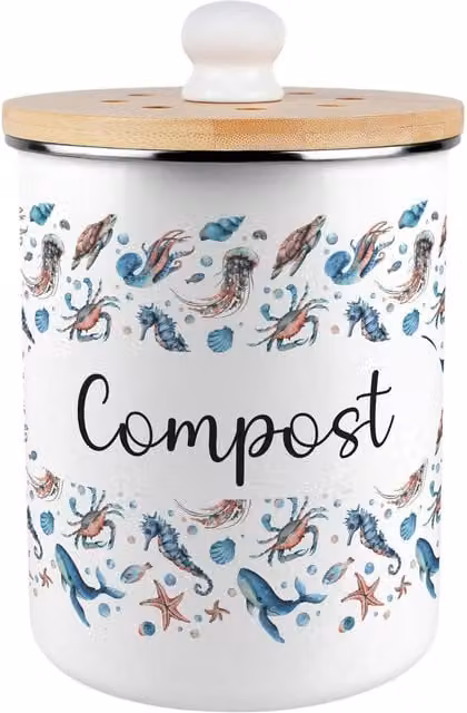 Purely Home Metal Kitchen Food Waste Compost Caddy with Flip Lid, 2L, Blue and White