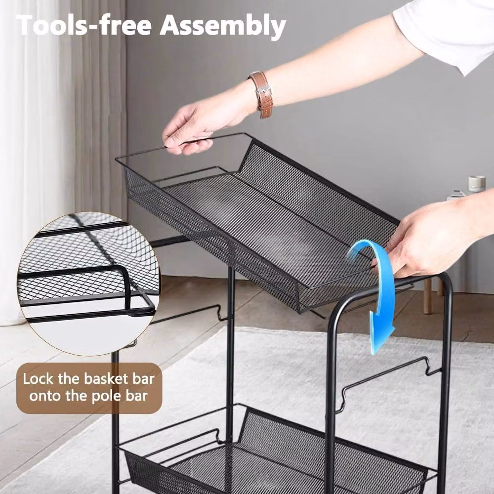 MantraRaj 3-Tier Metal Rolling Storage Trolley in Black, W/D/H: 45 x 27 x 64 cm – 6