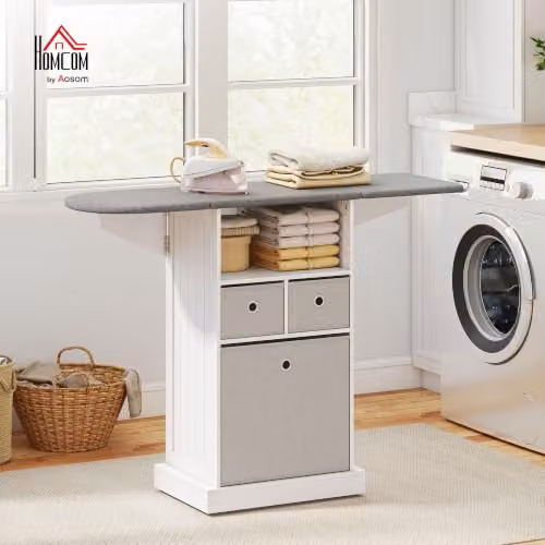 HOMCOM Ironing Board Cabinet on Wheels with Folding Ironing Top, White, W/D/H: 89.5 x 37.0 x 121.0 cm – 2