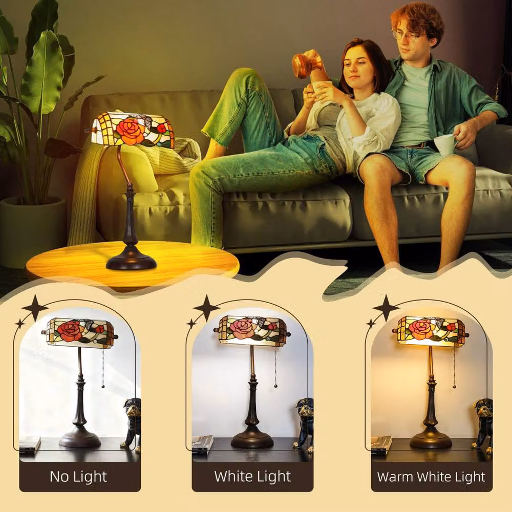 Wyld Haus Tiffany Style Rose and Butterfly Table Lamp with Bronze Tone Base and Multicolour Glass – 6