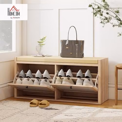 HOMCOM Shoe Bench with 2 Rattan Doors and Padded Fabric Cushion Seat in Brown Oak Wood Effect, W/D/H: 108 x 35 x 50 cm – 2