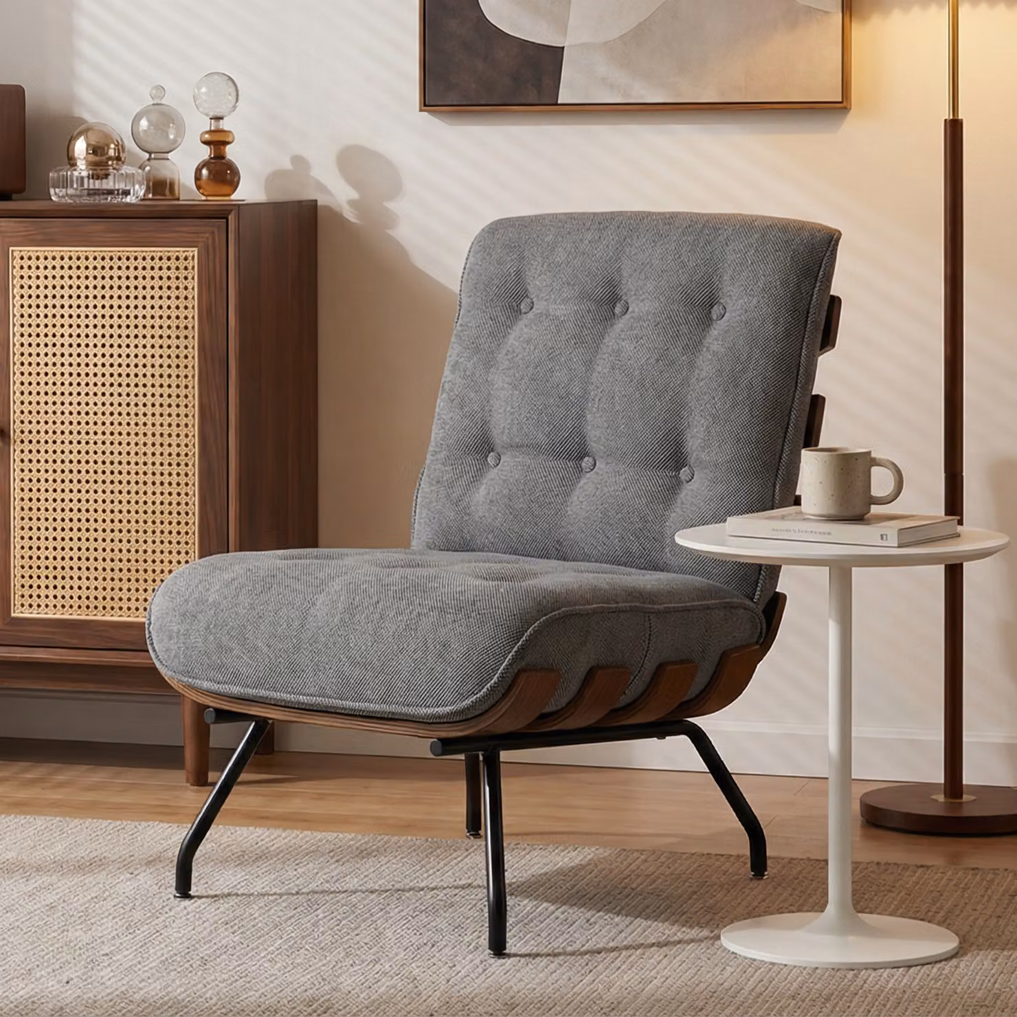 HOMCOM Dark Grey Linen-look Fabric Accent Chair with Armrests and Spring Cushion – 2
