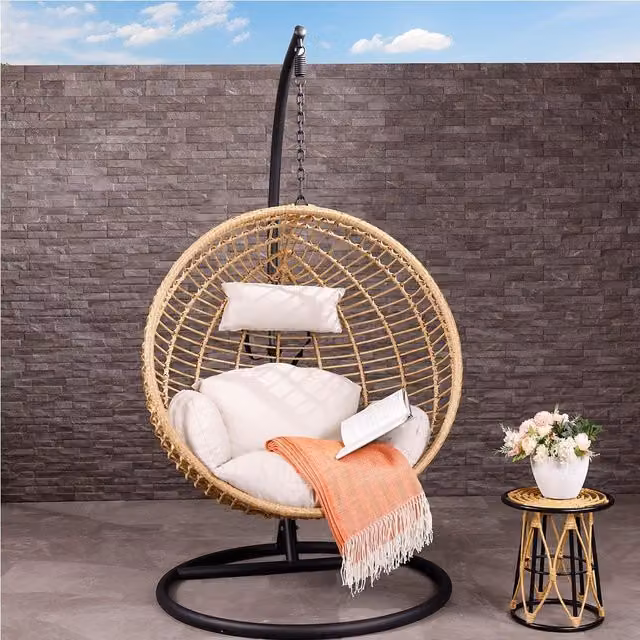 Charles Bentley Single Hanging Swing Chair in Beige with Black Frame and Rattan Weave, H 198 cm x W 104 cm x D 104 cm – 1