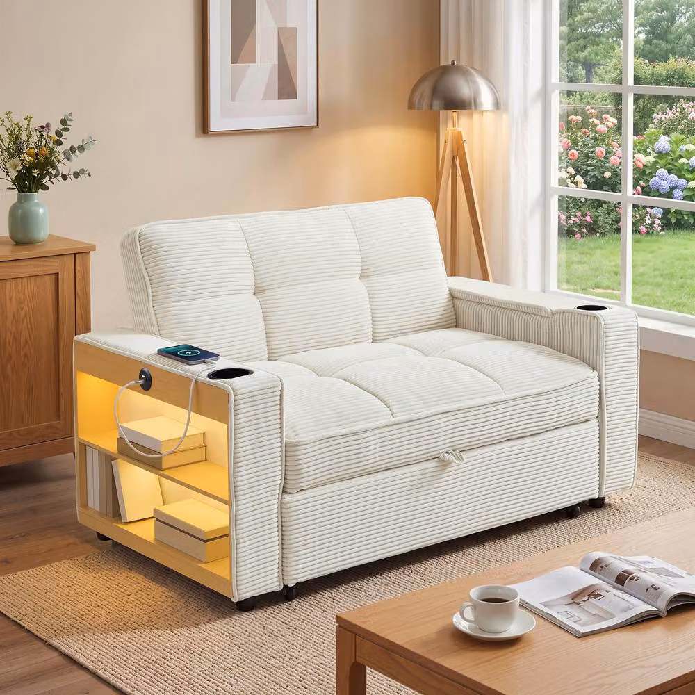 FENCHILIN 2-Seater Pull Out Sofa Bed with LED Lighting, Side Storage and Cup Holders in Beige – 2