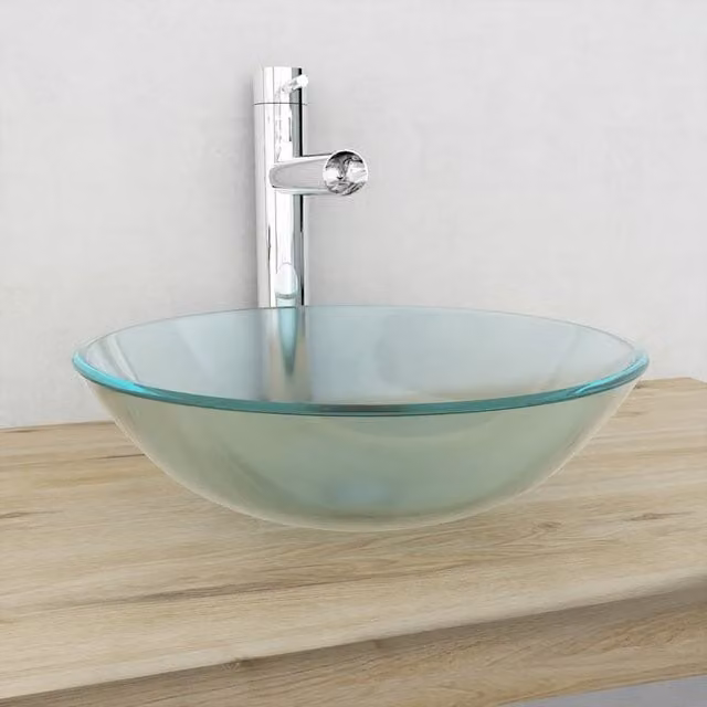 Berkfield Home Round Tempered Glass Countertop Basin in White and Transparent, Diameter: 42 cm, Height: 13 cm