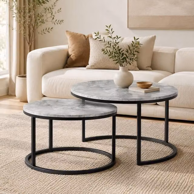 STILVORA Set of 2 Round Nesting Coffee Tables with Grey Marble Effect Composite Tops and Black Metal Sled Bases