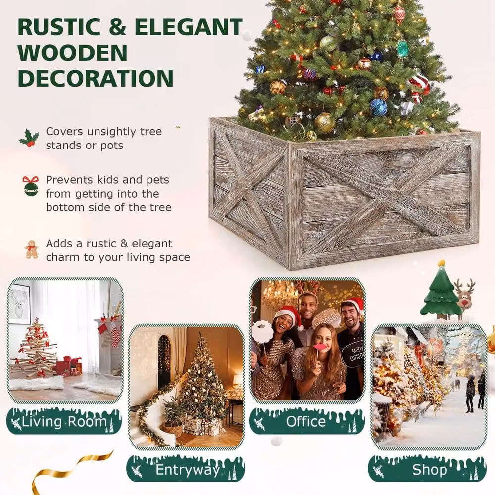 Gymax Solid Wood Vintage Christmas Tree Collar Box in Grey – 3