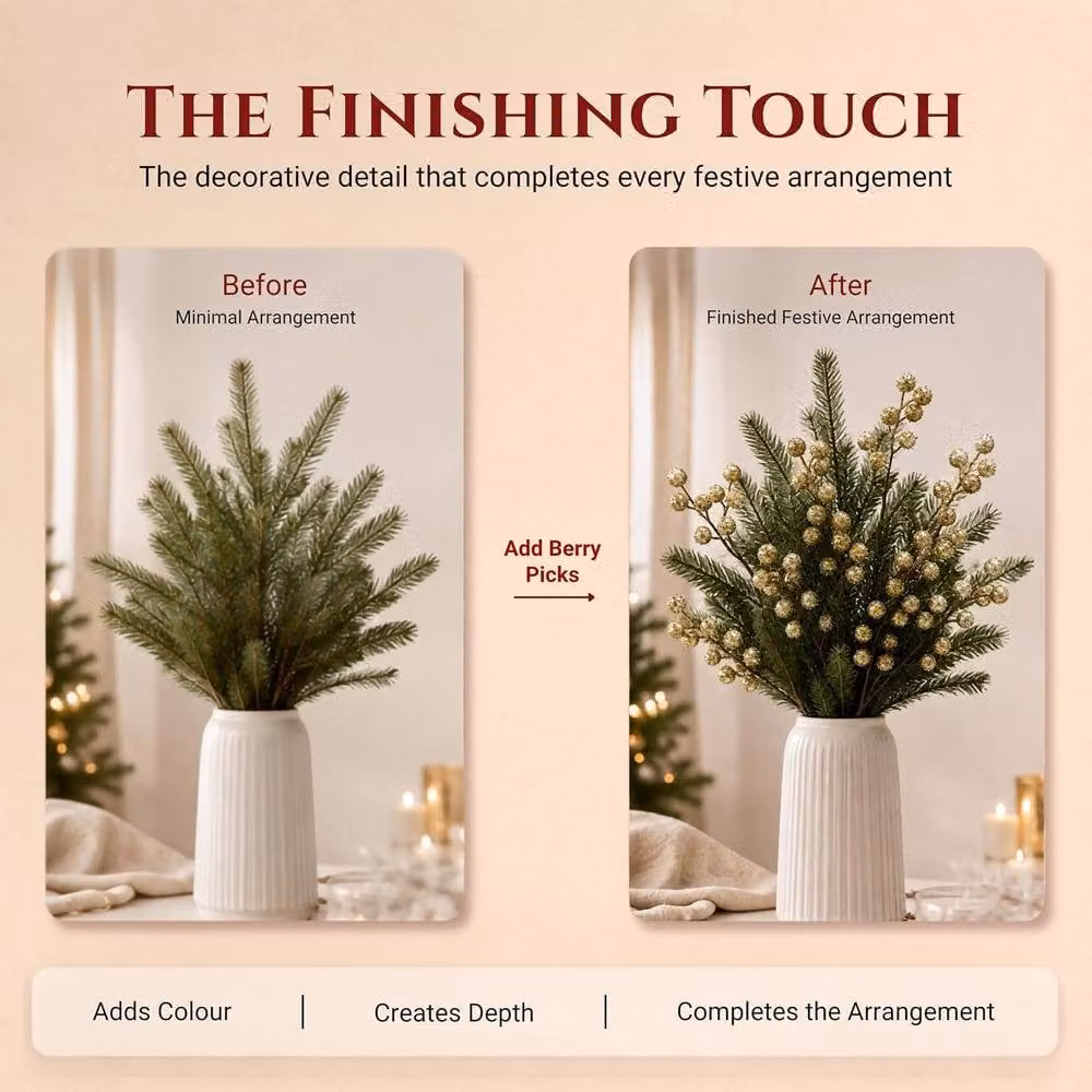 Shatchi Gold Artificial Champagne Glitter Berry Picks, 6 Pack, Height: 45 cm – 3