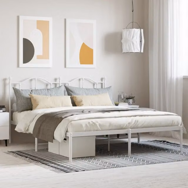 Berkfield Home Metal Bed Frame with Headboard in White – 1