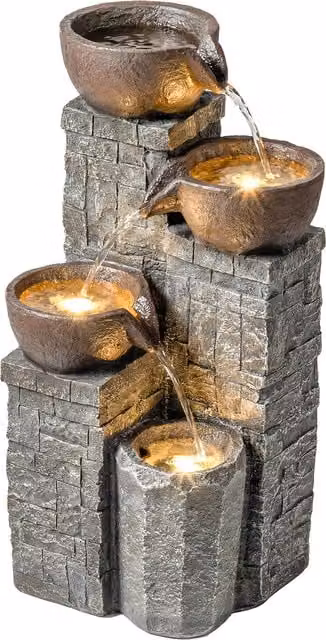 Outsunny 4-Tier Rustic Stone Cascade Tabletop Outdoor Fountain with LED Lights, Orange