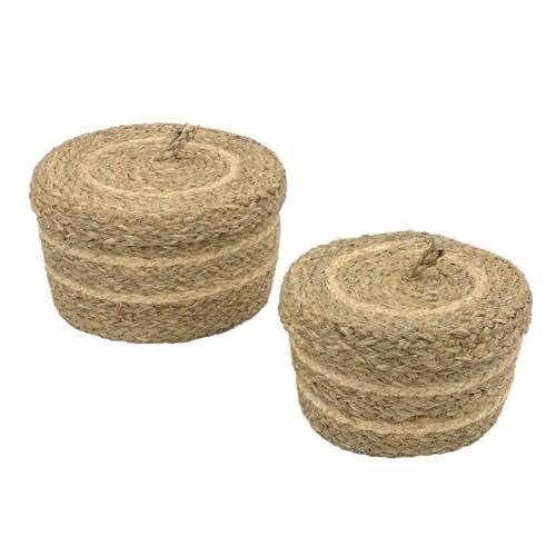 JVL Palma Set of 2 Natural Round Open Weave Storage Baskets with Lids and Handles in Sand and Beige, W/D/H: 20 x 20 x 12 cm and 20 x 20 x 4.5 cm – 1