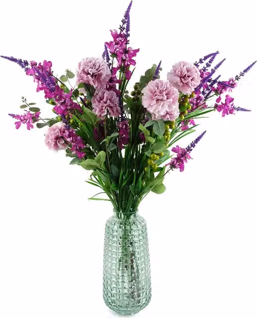 Artificial Pink Carnation and Larkspur Mixed Floral Arrangement in a Square Glass Vase, H 30.0 cm x W 12.0 cm x D 12.0 cm