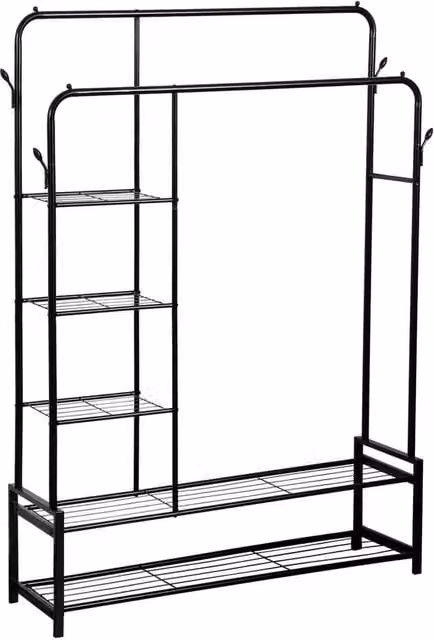 VOGREX Heavy Duty Double Clothes Rail with 2 Shoe Racks, 3 Shelves and 4 Hooks in Matt Black – 1