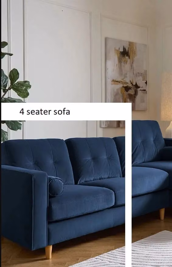 Cheap Furniture Warehouse Heaton 4 Seater Mid-Century Blue Fabric and Velvet Upholstered Sofa