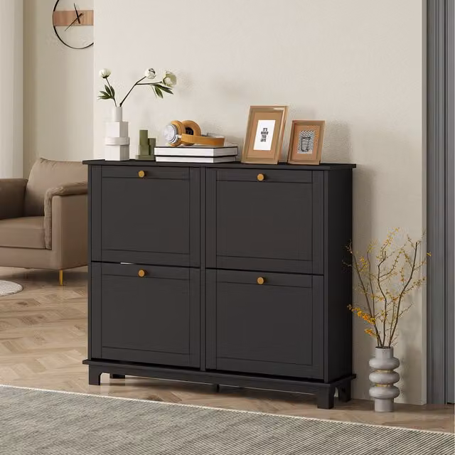 HOMCOM Narrow Modern Shoe Storage Cabinet with 4 Tilting Compartments in Black and Gold