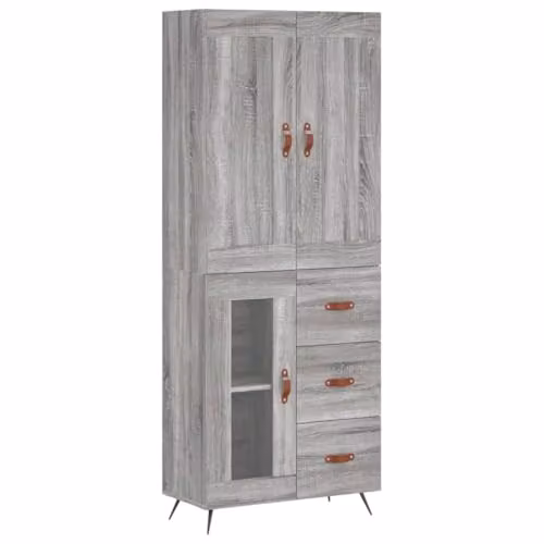 vidaXL Highboard in Grey Sonoma with Glass Doors and Drawers, W/D/H: 69.5 x 34 x 180 cm