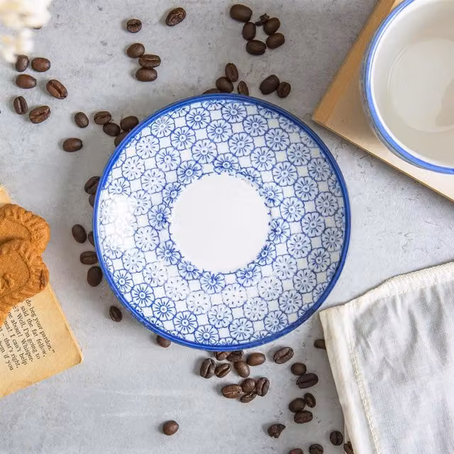 Nicola Spring Hand-Printed Floral Cappuccino Saucers in Blue, Diameter: 14.5 cm