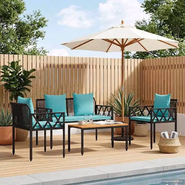 Berkfield Home 4 Piece Outdoor Furniture Set in Black and Turquoise Poly Rattan – 1