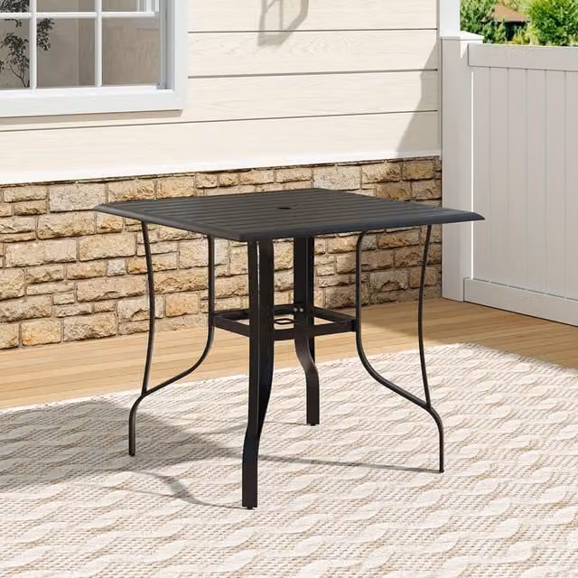 Livingandhome Modern Metal Slatted Square Garden Table with Parasol Hole in Matt Anthracite Grey