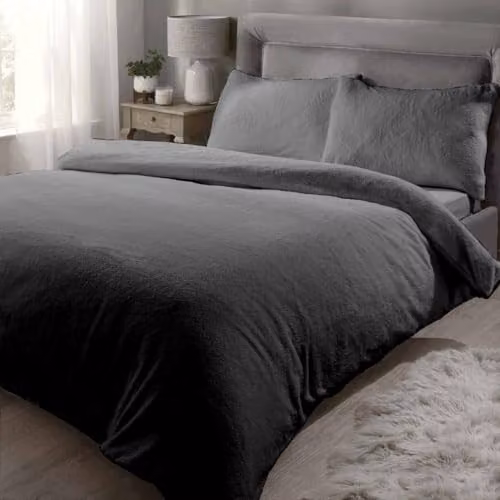 Rapport Home Soft Luxurious Teddy Fleece Single Duvet Cover and Pillowcase Set, Charcoal Grey, W/D/H: 135 x 200 cm and 50 x 75 cm