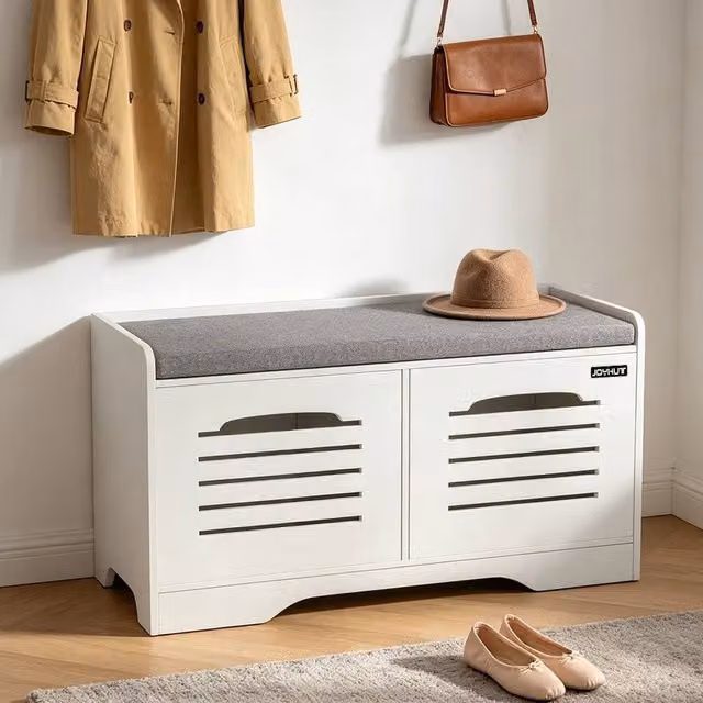 KORVIXA 2-Door Shoe Storage Bench with White Fabric Cushion Seat