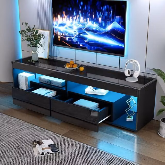 BTM Black High Gloss TV Stand with LED and Glass Top, W: 180.0 cm, D: 41.25 cm, H: 46.0 cm