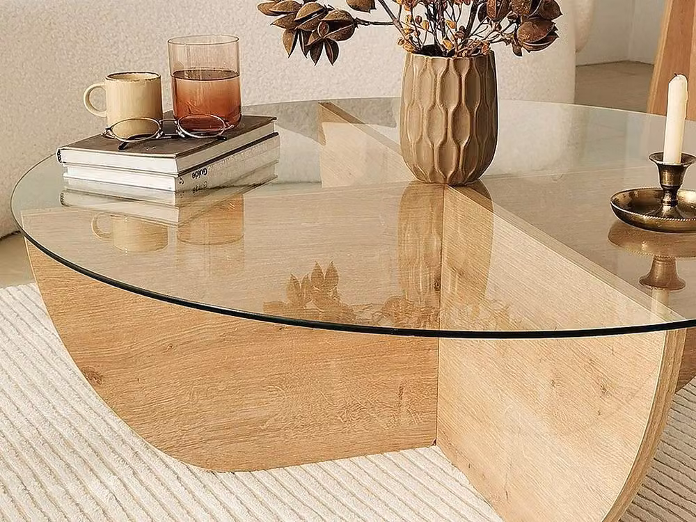 Vente-unique AYSUN Square Tempered Glass Coffee Table in Transparent and Oak Wood Finish, W/D/H: 90 x 90 x 30 cm – 3