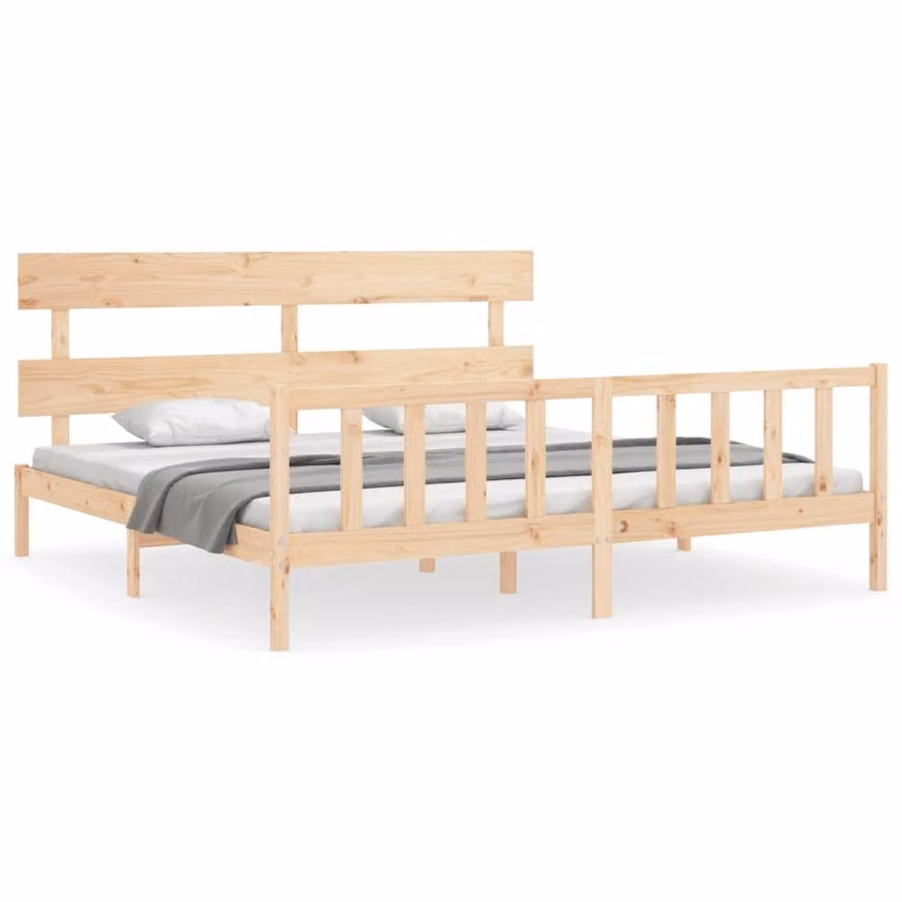 Berkfield Home Beautiful Bed Frame with Headboard in Beige Solid Pine Wood, W/D/H: 200 x 200 x 81 cm – 2