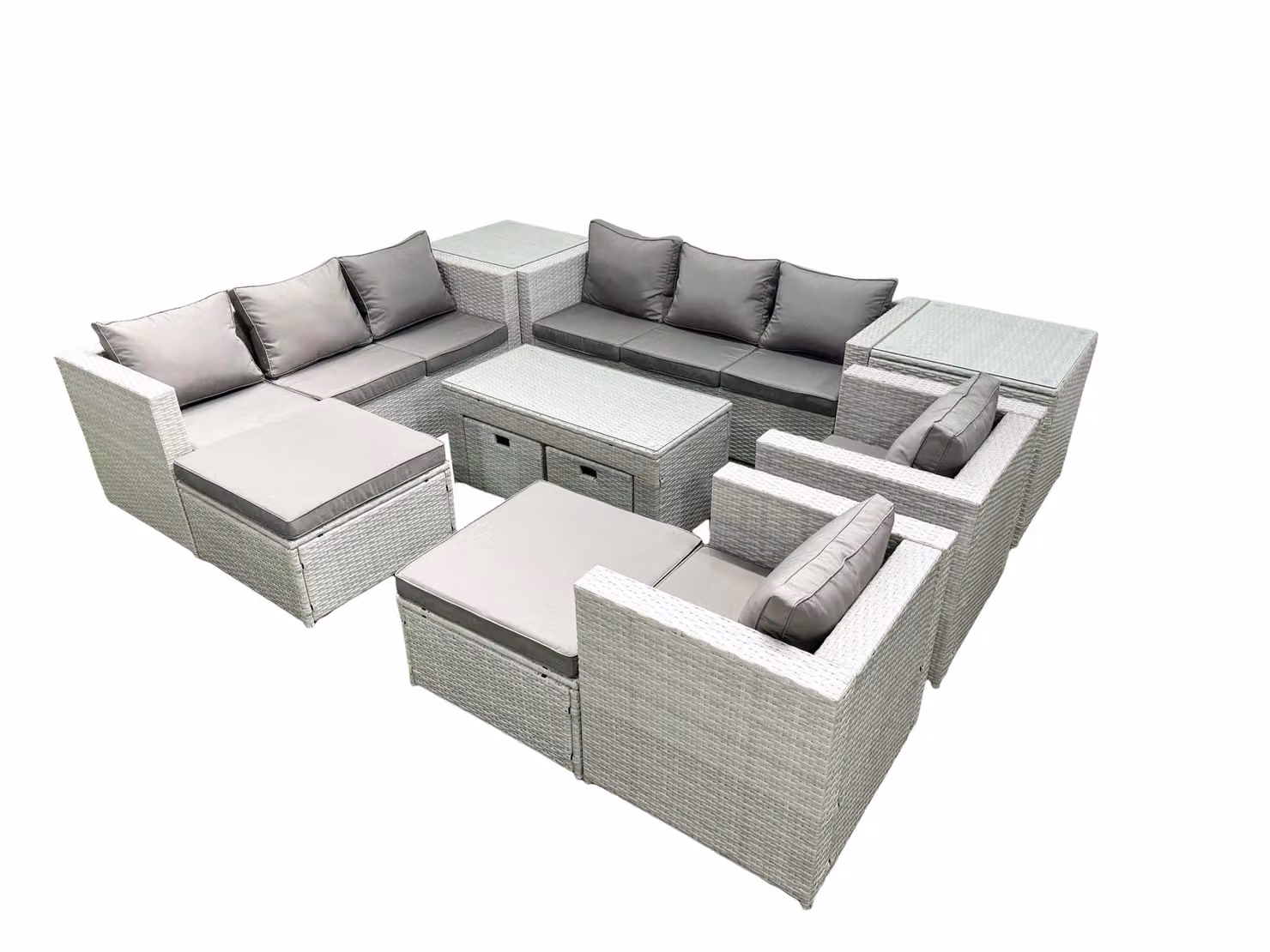 Fimous 12 Seater Rattan Garden Furniture Set in Light Grey with U-Shape Sofa, Coffee Table, Ottoman and Removable Cushions – 2