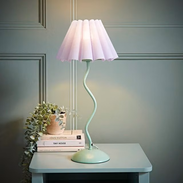 Wiggle Pastel Metal Table Lamp with Lilac Pleated Tapered Shade and LED Bulb in Green