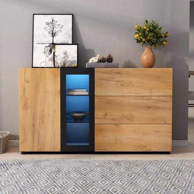 Tokpiedi Modern Brown Sideboard with Glass Display Cabinet and Integrated Lighting – 1