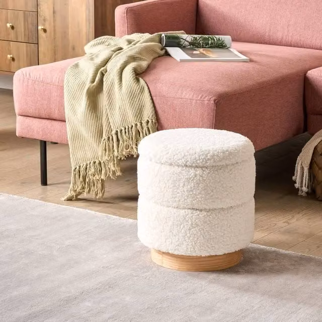 Wyld and Coco White Teddy Boucle Pouffe with Hidden Storage – 1