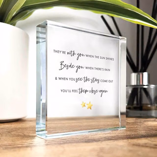 Memorial Verse Crystal Token with Angels Wings and Feathers, Clear Transparent Glass Square Design