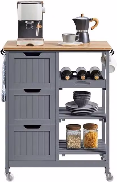 KORVIXA Rolling Kitchen Cart Island with 3 Shelves, Grey, W/D/H: 100 x 15 x 84.5 cm
