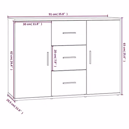 vidaXL Sideboard in Smoked Oak, Brown Engineered Wood, W: 91 cm, D: 29.5 cm, H: 65 cm – 3