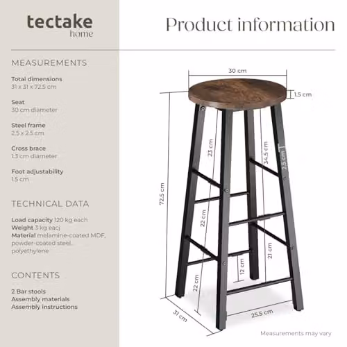 tectake Set of 2 Modern Minimalist Bar Stools with Industrial Steel Frames and Wood-Look Seats in Brown – 3