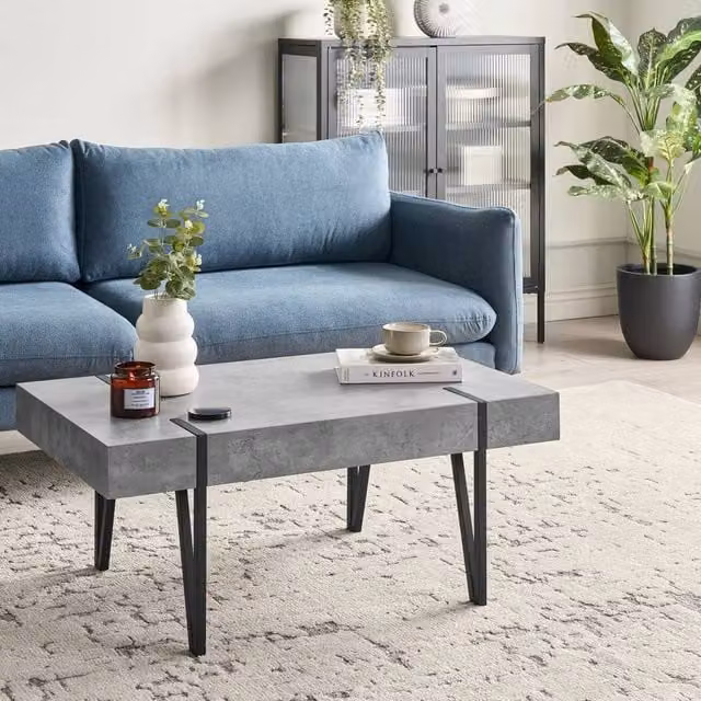 Wyld and Coco Grey Concrete Effect Rectangular Coffee Table with Metal Legs W: 100 cm, D: 60 cm, H: 43 cm – 1