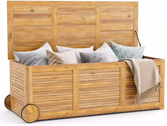 Costway 180L Acacia Wood Outdoor Storage Box with Wheels in Natural Brown