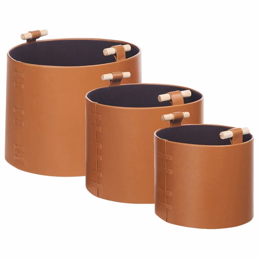 Wyld and Coco Trio of Brown Faux Leather Baskets with Handles – 2