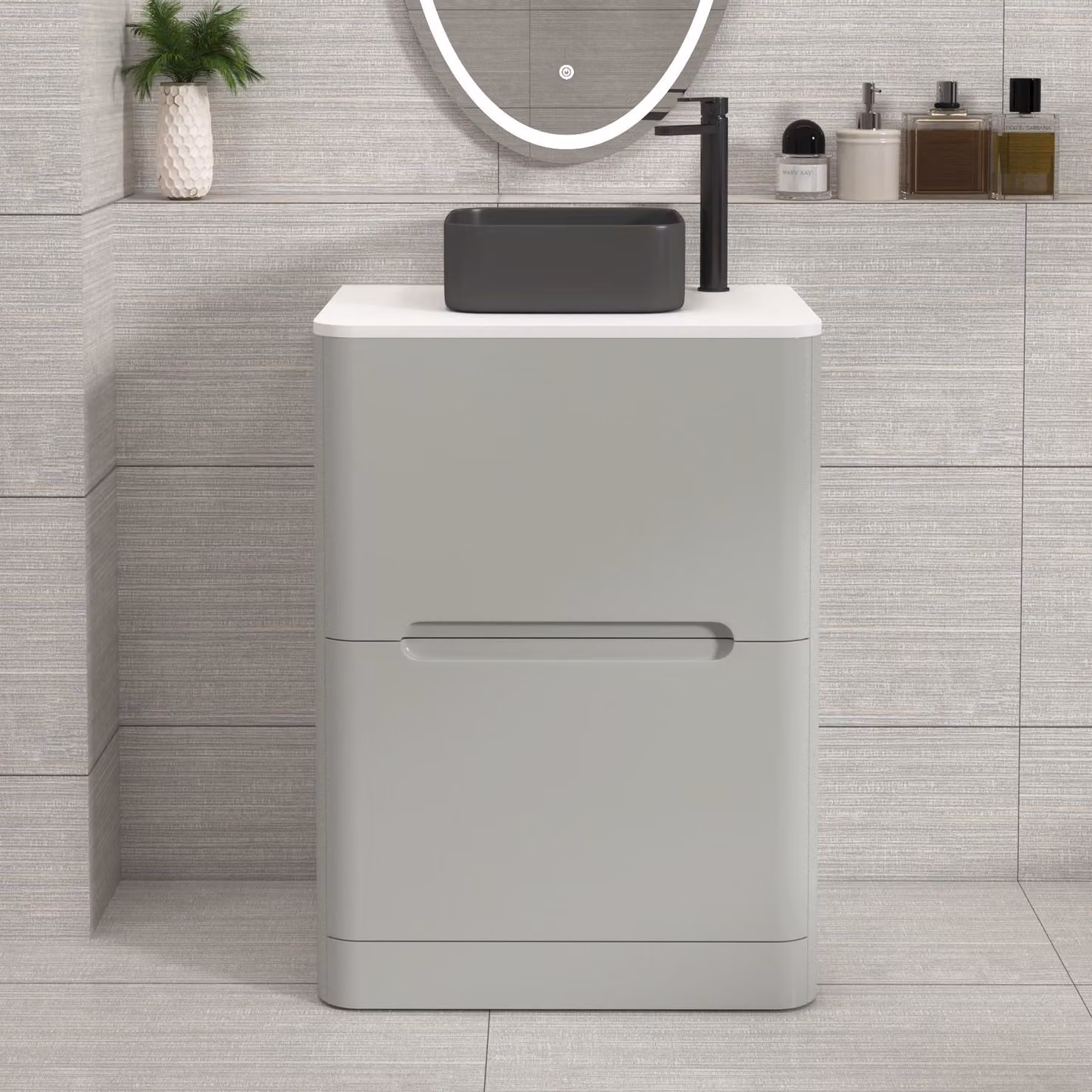 Royal Bathrooms Venice 600mm Floor Standing Vanity Unit in Dove Grey with 2 Drawers, Plain White Worktop and Art Square Basin