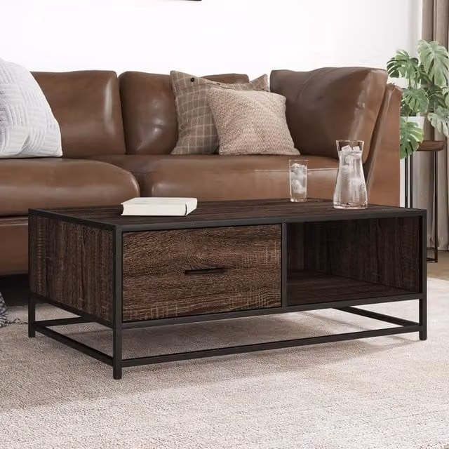 Berkfield Home Brown Oak Coffee Table with Metal Sled Base, W: 90 cm, D: 57 cm, H: 35 cm – 1