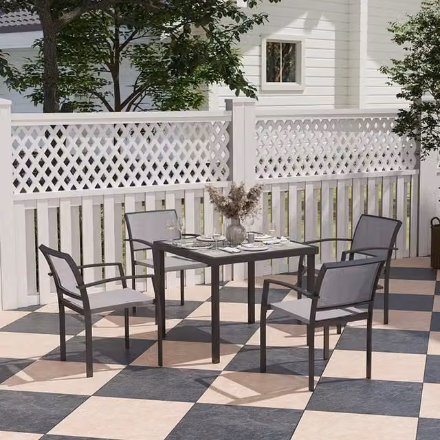 Outsunny 5 Piece Modern Grey Garden Dining Set with Square Metal Table and 4 Stackable Armchairs