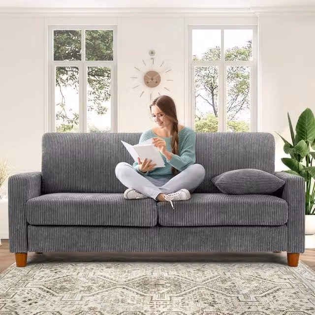 Dprodo Grey Corduroy Seater Sofa with Extra Deep Seats and Scatter Cushions, W: 178 cm – 1