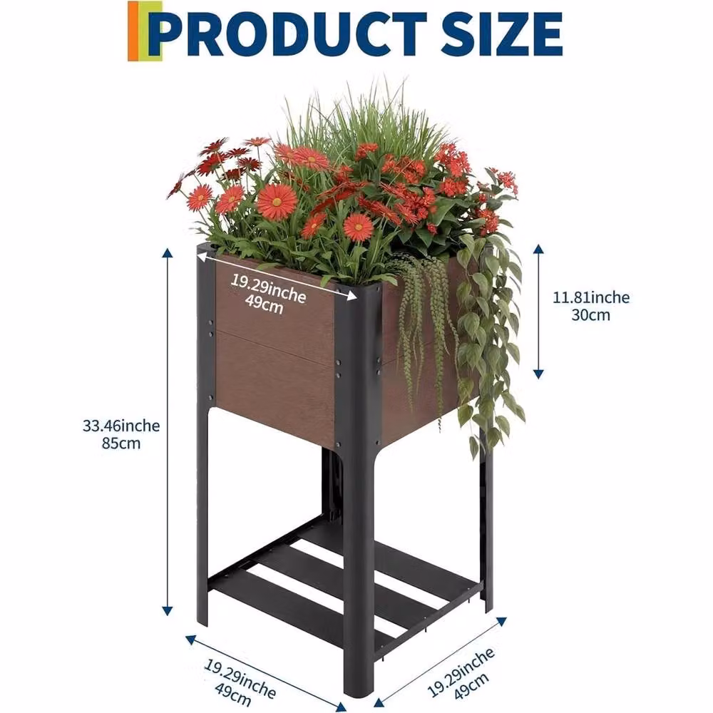 VOGREX Elevated Raised Garden Bed with Storage Shelf in Brown HDPE Wood Grain Plastic, W/D/H: 85 x 49 x 49 cm – 2