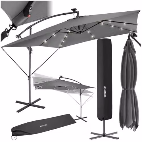 tectake Garden Parasol with Solar LED Lights, Water-Repellent Polyester Canopy and Hand Crank, Light Grey, W/D/H: 250 x 250 x 250 cm
