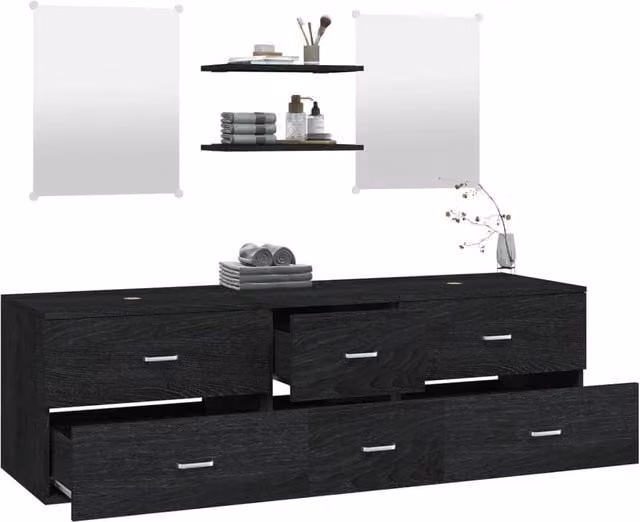 Berkfield Home Modern 5 Piece Black Matt Bathroom Furniture Set with Vanity Unit, Wall Cabinet and Mirror Cabinet