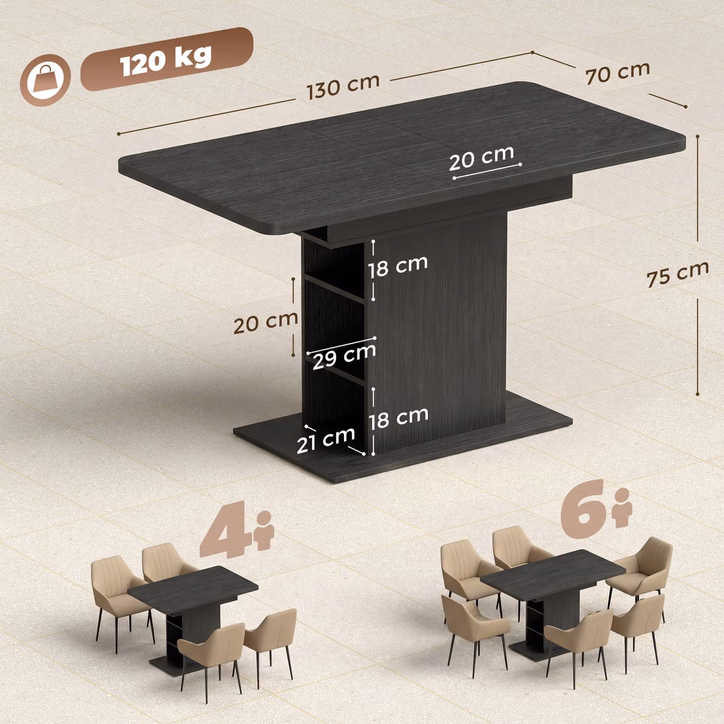HOMCOM Extendable Rectangular Dining Table in Black with 6 Open Shelves, W/D/H: 110-130 x 70 x 75 cm – 3