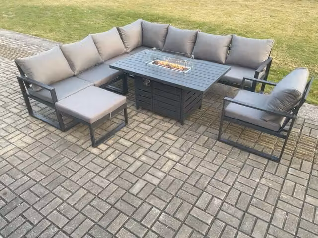 Fimous 9 Seater Aluminium Garden Furniture Set with Gas Fire Pit Dining Table, Chairs and Footstools in Dark Grey