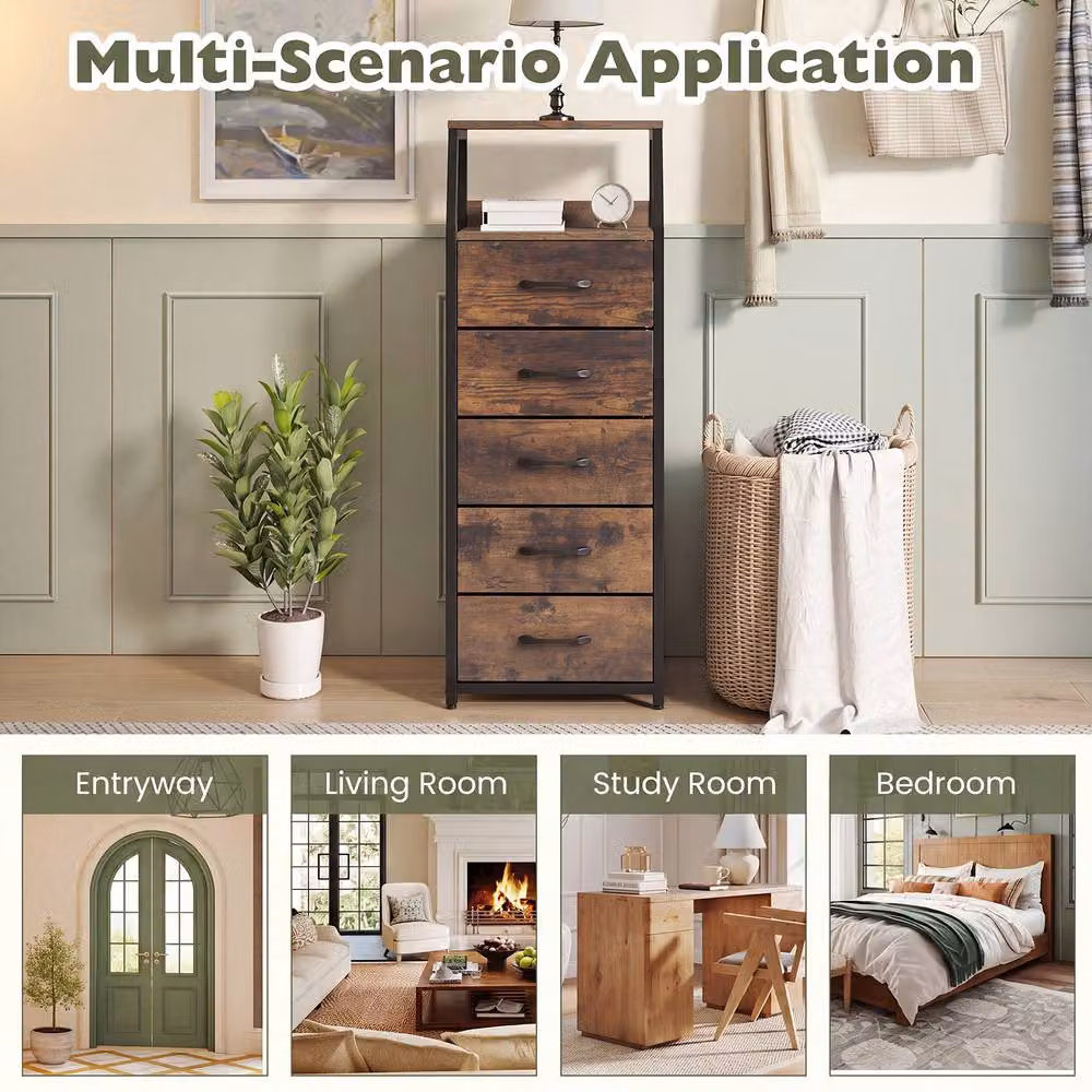Gymax 5-Drawer Vertical Storage Cabinet and Dresser with Foldable Drawers in Brown – 7